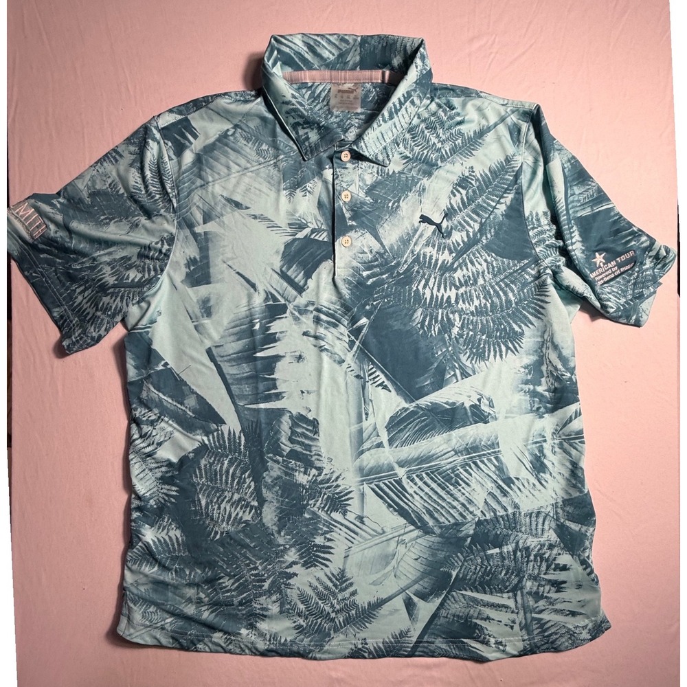 Puma Golf Mens XL Tropical Palm Print Polo Shirt Blue Teal Floral-2267